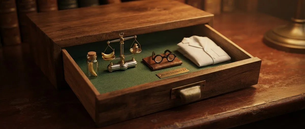 A small open card-catalog drawer holding a few carefully arranged finished objects, lit warmly.