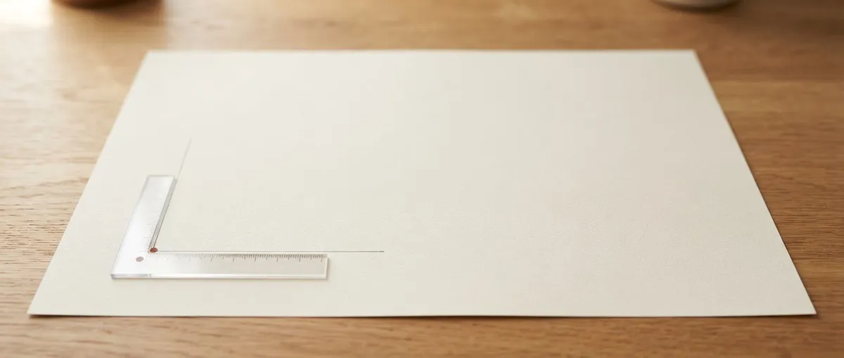 A right-angle ruler with a single terracotta dot on a mostly empty sheet of warm paper — the emptiness is the point.