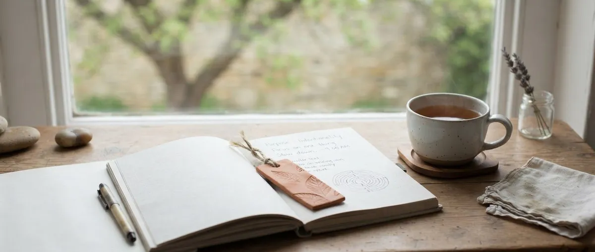 A calm morning desk by a window with a notebook and a cup of tea, a terracotta bookmark, soft daylight.
