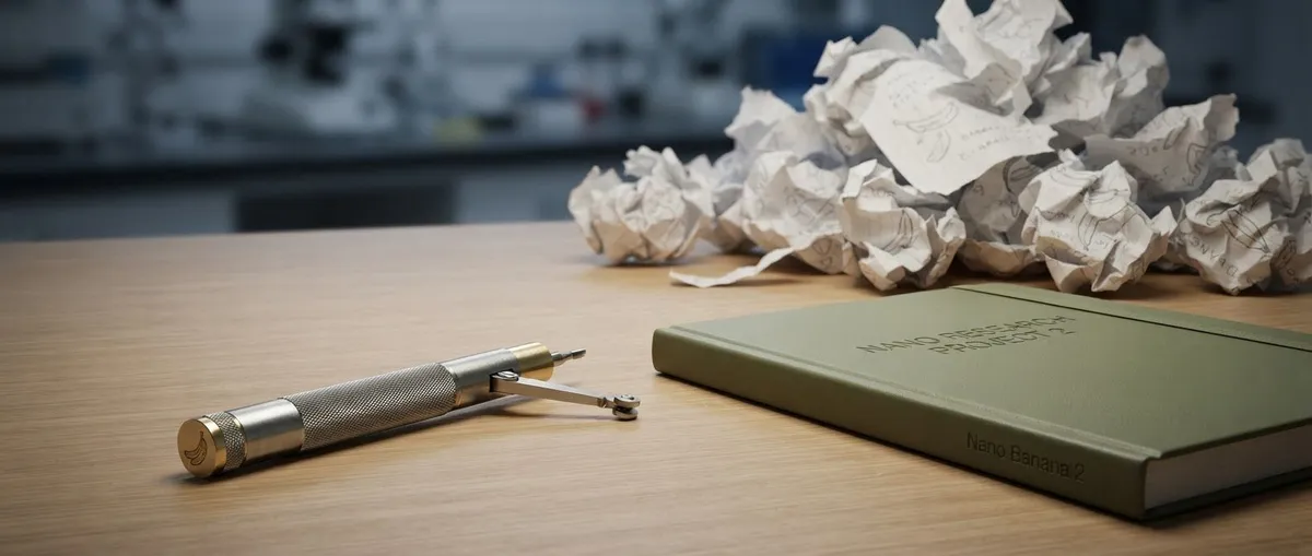 One finished tool beside a closed notebook, with a blurred pile of discarded idea sketches pushed aside.