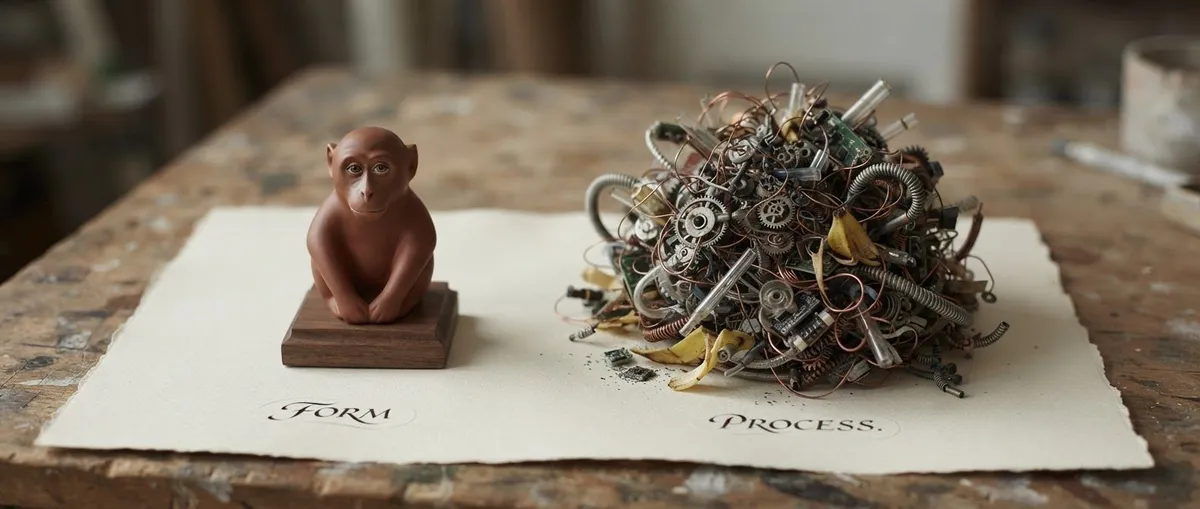 Two objects on warm paper — one small and refined with a terracotta accent, the other a sprawling tangle of parts.