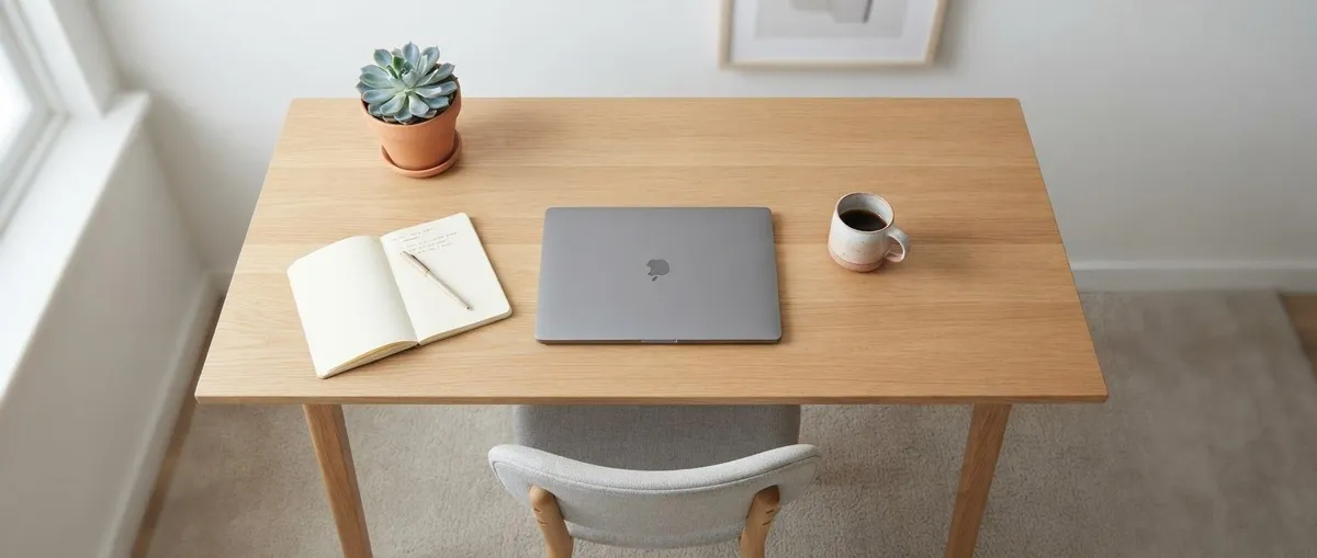 A tidy one-person desk seen from above — a laptop, a notebook, a single terracotta-glazed cup, one chair.